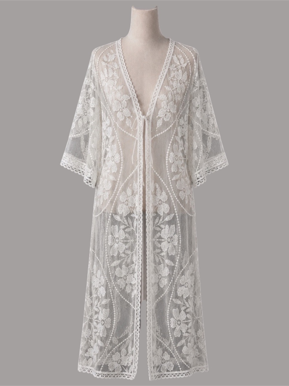 Ember White Sheer Floral Lace Duster Kimono Cover Up